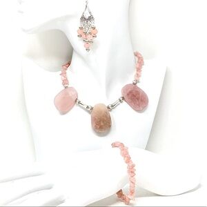 Rose Quartz necklace w/ bracelet & jade earrings